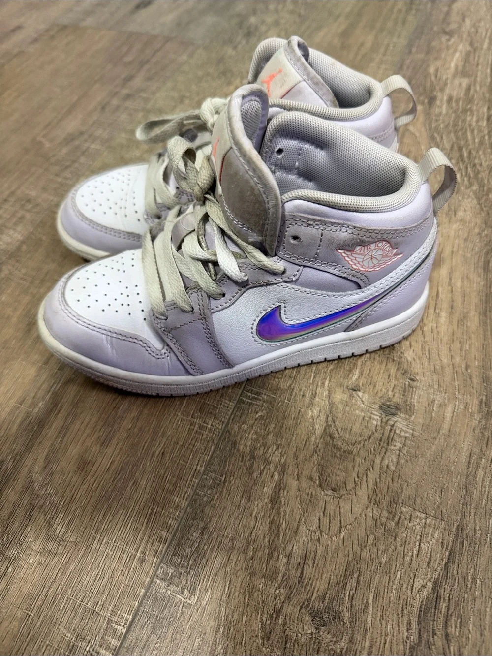 Jordan Kids White & Lavender High-Top Sneakers with Iridescent Swoosh